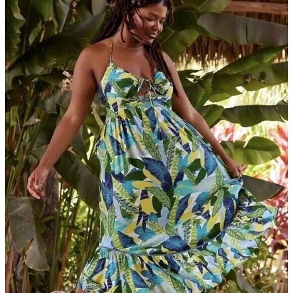 Aerie Paradise Palm Maxi Halter Dress Sz Med Tropical Boho Summer - Picture 1 of 12